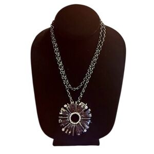 Lia Sophia Black Chain and Silver Starburst Pendant Broach Radiant Necklace